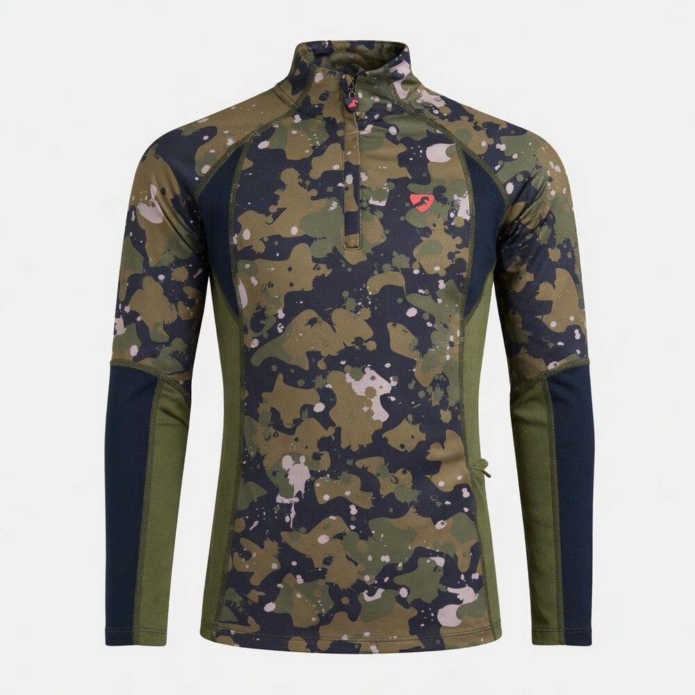Shires Aubrion Kids 9-10 Camo 1/4 Zip Base Riding Top Green Navy Equestrian EUC